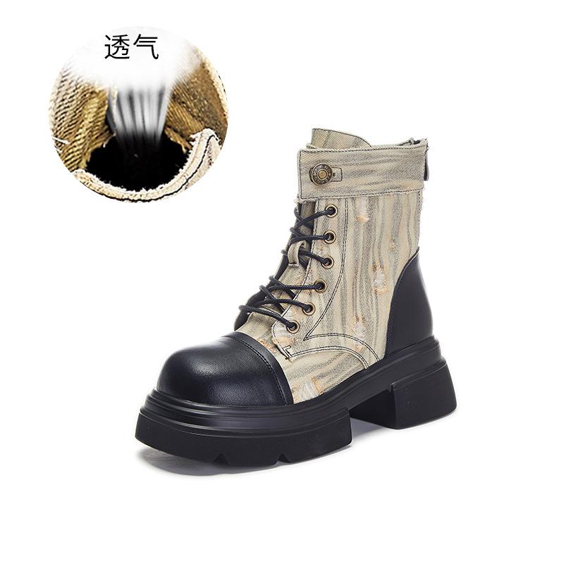 Leather Martin Boots Women's Autumn New Ripped Cowboy Boots Thick Heel Boots Children's Casual Women's Boots Thick-soled Short Boots