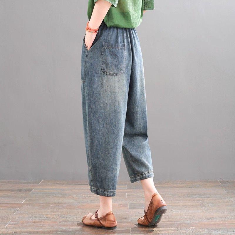 Plus Size Retro Embroidered Harem Denim Cropped Pants for Women - Casual Autumn Elastic Fit