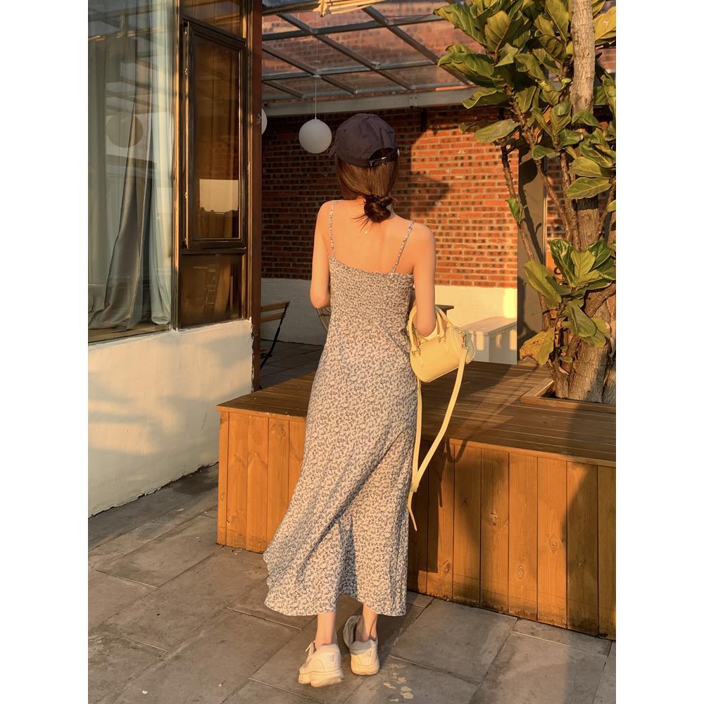 Sweet and Spicy Floral Suspender Dress for Women's Summer Waist Medium and Long Temperament Seaside Vacation Skirt Suspender