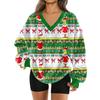 Women's Fashionable V-neck Christmas Printed Long Sleeved Casual Pullover Plush Warm Pocket Sweatshirt Top