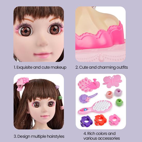 Girls Hair Styling Doll Head Model Pretend Play Makeup Toy with Comb & Accessories Creative Hairdresser Training Tool for Makeup Hairstyle Practice
