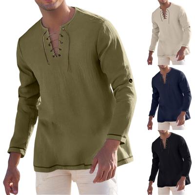 Men's Casual And Fashionable Cotton And Linen Solid Color Round-neck Long-sleeved