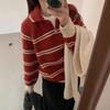 Randig polotröja i koreansk stil, lös och tjock topp för höst/vinter, dam
