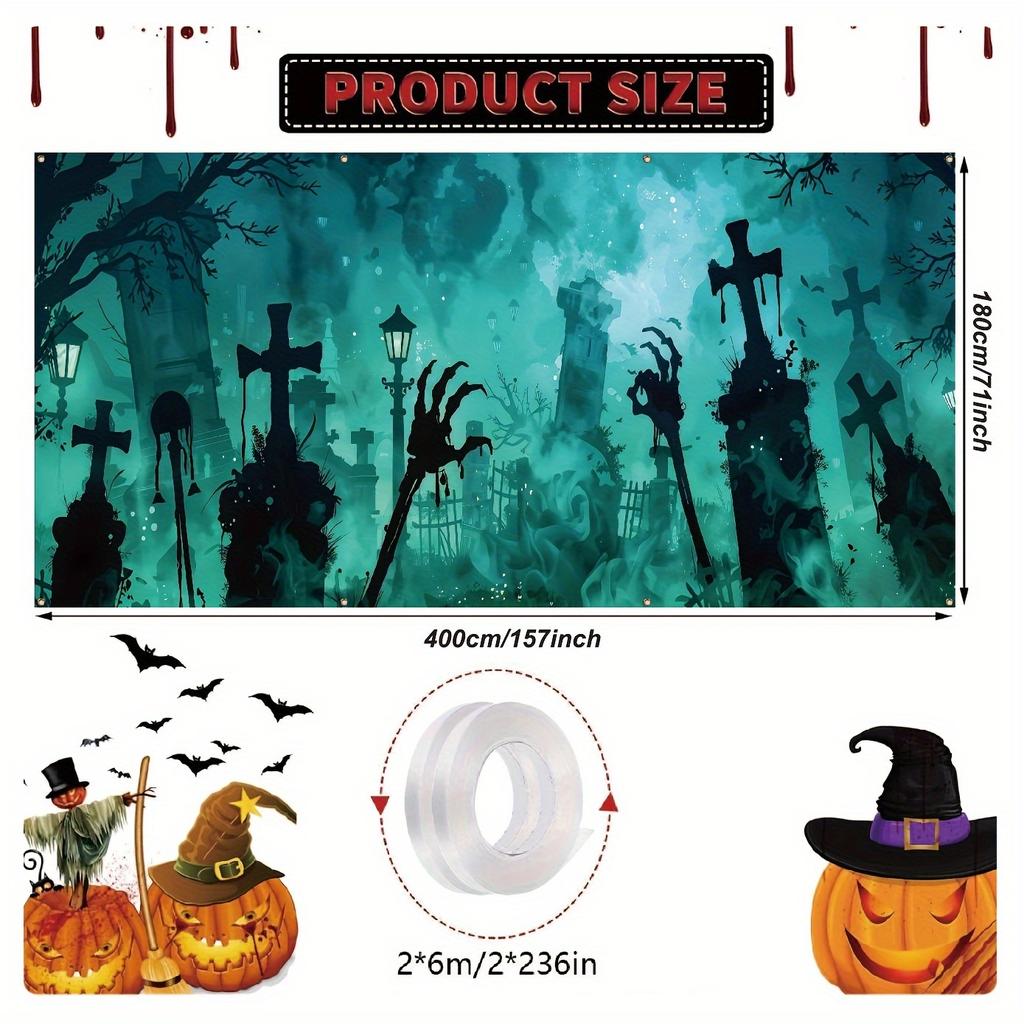 Halloween Haunted House Cemetery Skull Hand Banner - 400x180 Cm Outdoor Festival Decoration