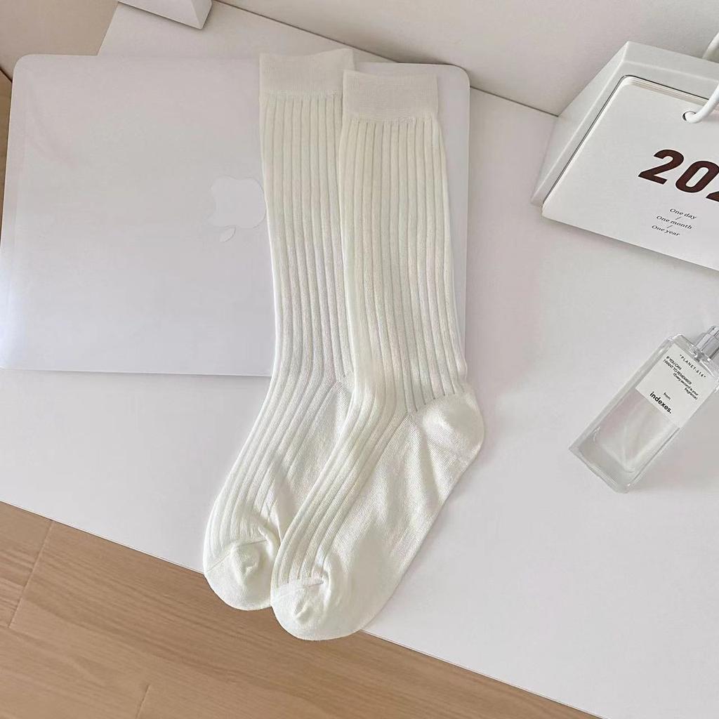 4 Pairs Ballet Socks Women's Summer New White Medium Tube Socks Stacking Socks Women's Solid Color Japanese Breathable and Comfortable Women's Socks