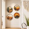 4 Pcs Boho Wall Art, Bohemian Sunset Mountain Plant Wall Decor, Wooden Round Circle Hollow Out Farmhouse Hanging Ornament for Bedroom, Living Room
