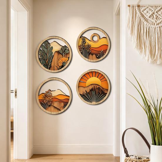 4 Pcs Boho Wall Art, Bohemian Sunset Mountain Plant Wall Decor, Wooden Round Circle Hollow Out Farmhouse Hanging Ornament for Bedroom, Living Room
