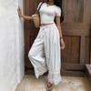 Elegant Lace Splicing Loose Fit Casual Pants Fashion Solid Color Spring Autumn Long Wide Leg Pants Elastic Waist Sweet Drawstring Fashion Trousers