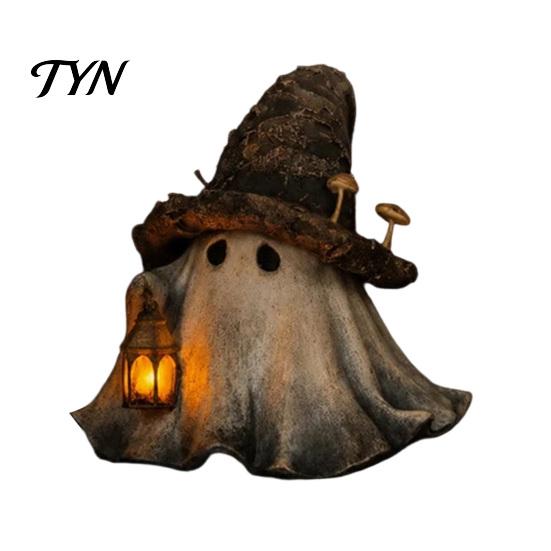 Spooky Home Decoration Halloween Ghost Wizard Hat Resin Figurine with LED Lighted Lantern, Vintage Atmospheric Pumpkin Party Accessory