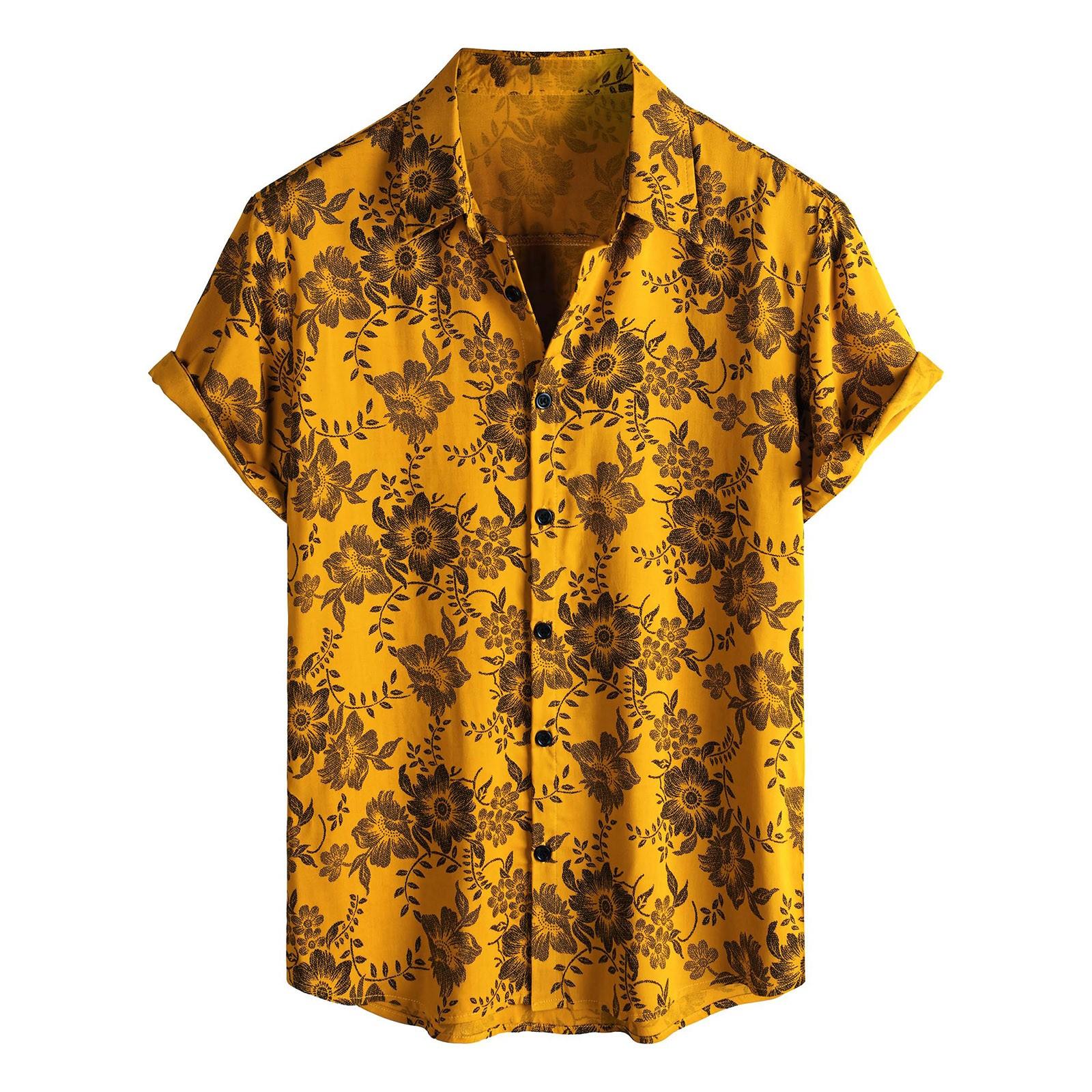 

Мужская рубашка с коротким рукавом, повседневная модная принтованная рубашка на пуговицах, кардиган с нагрудным карманом XL жёлтый