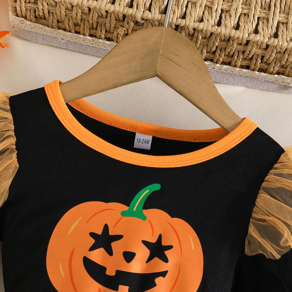 Vestito a maniche lunghe con stampa di zucche per bambina, per l'uso casual di tutti i giorni