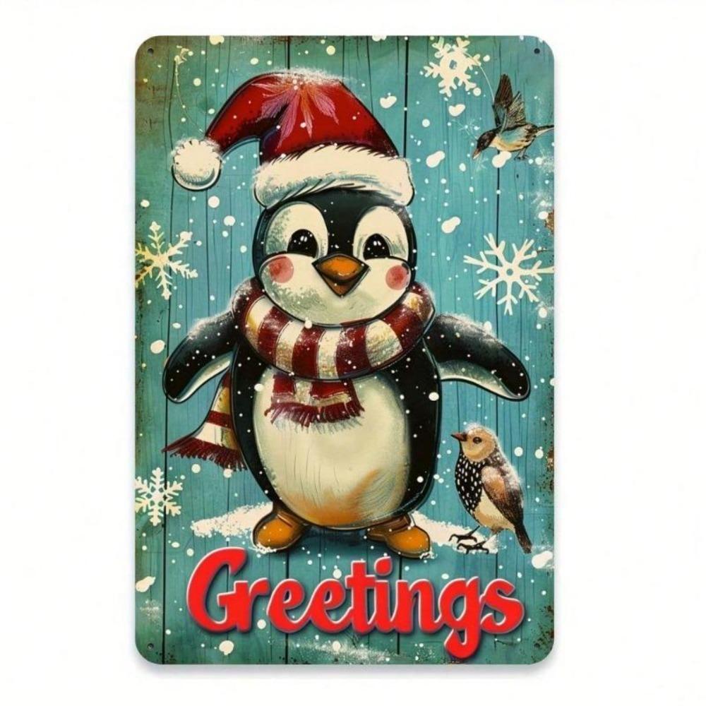 Vintage Penguin Bird Christmas Tin Sign 8x12 Inch Aluminum Metal Poster Holiday Wall Decor For Home Office Cafe Garage