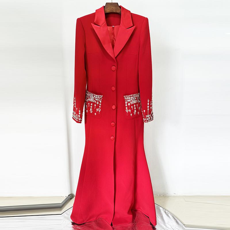 

Новейшая дизайнерская мода с Хай-стрит, женское макси-платье с длинным рукавом, лацканами и отделкой стразами и бисером XXXL красный
