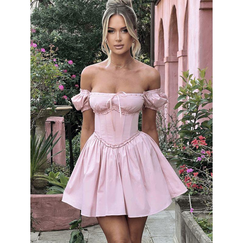 Babyboo French Style Young Adult Ballet Style Pure Desire Sweet off-Shoulder Puff Sleeves Shoelace Waist Short Dress