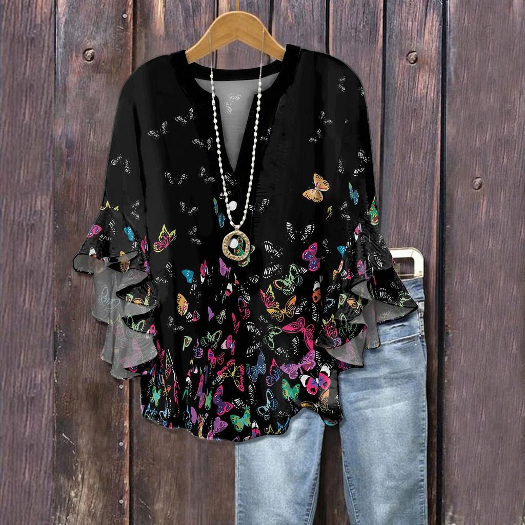 Summer Tops For Women Cute V Neck 3/4 Sleeve Blouses Floral Print Top Casual Shirts