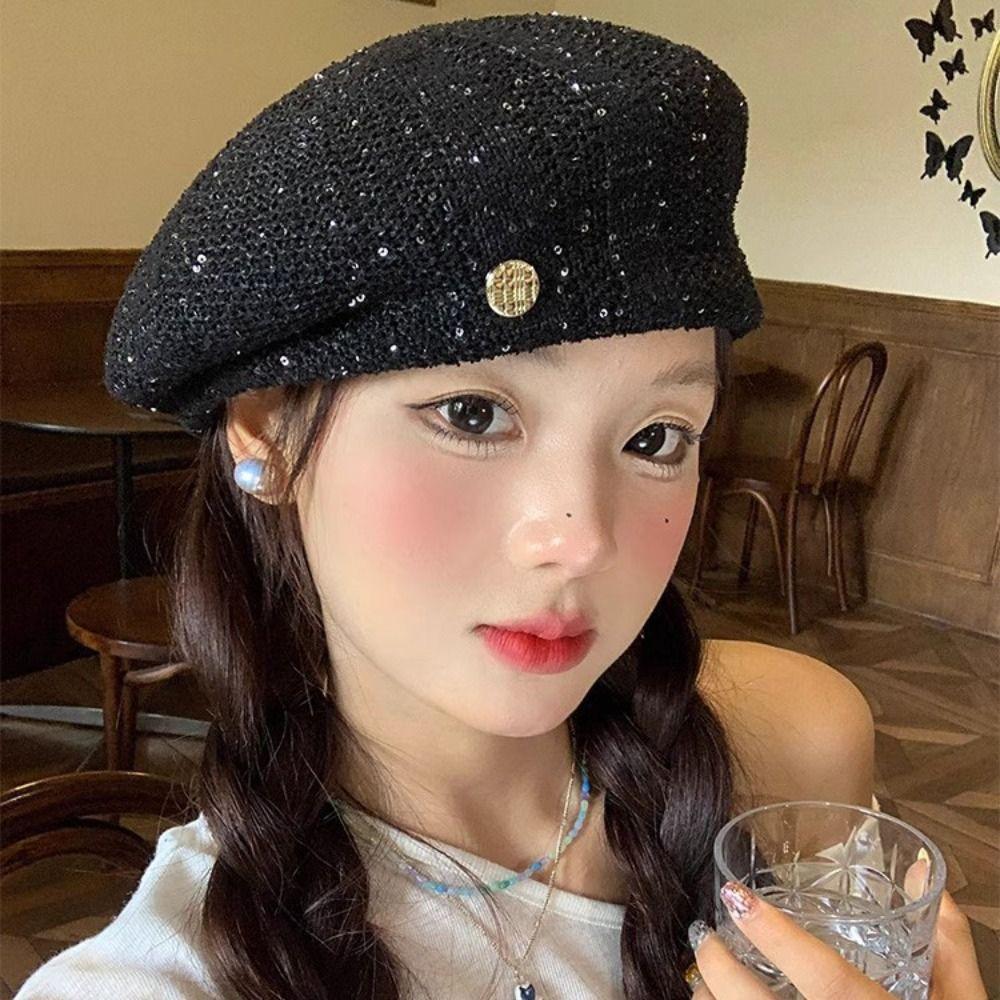 Paillette Weave Hat Breathable Crochet Knitted Cap Elegant Sequin Beret Hat Summer