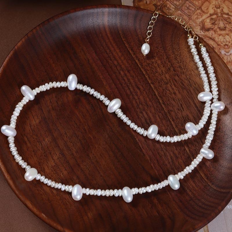Natural Mini Baroque Freshwater Pearl Beaded Necklace Spaced Design Rice Shape Pearl Adjustable Collarbone Necklace for Women