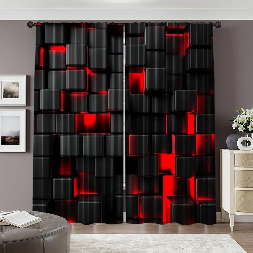 2pcs   2D Flat Printing Party Curtain Abstract Cubes Red Black Art Protecting Privacy Family Party Use for Indoor Use Bedroom