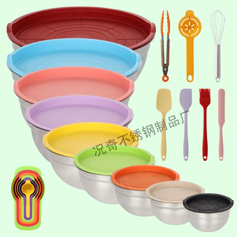 American-Style Silicone-Lidded Salad Bowl Set - Stainless Steel, Multi-purpose for Cooking, Baking, and Egg Beating.