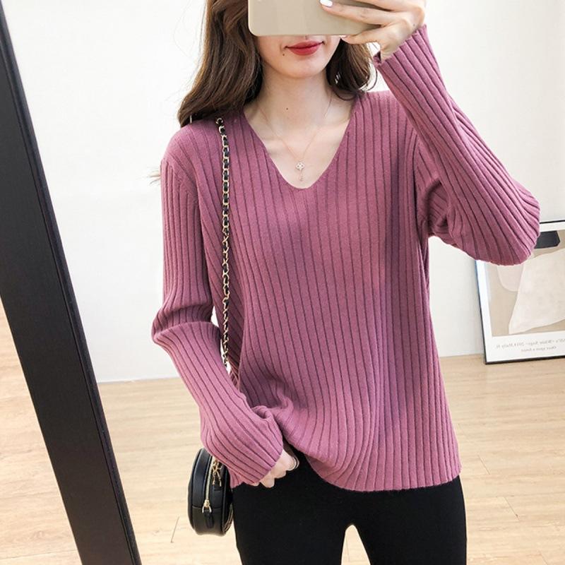 Autumn/Winter Knitwear Sweaters Women’s V-neck Pit Strip Pullover Long Sleeves Bottom Top Casual Knitted Sweater