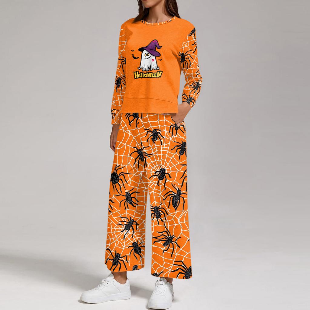 Women's Halloween Print Sweatshirt and Jogger Set, Crewneck Loose Fit with Side Slit Hem