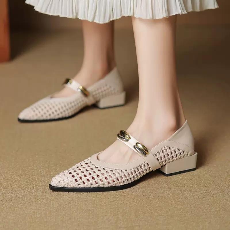 Fashion 2025 Summer French Low Heel Hollow Shallow Mouth Leather Square Head Women's Single Shoes