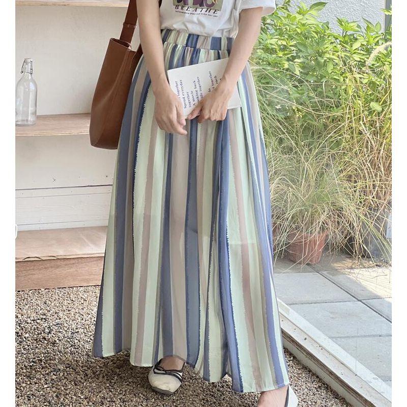 Spring and Summer New Arrival Women's Clothing Stripes Long Skirt A- Line Large Hem Long Skirt Elastic Waist Loose Slimming Stripes Stripes Skirt