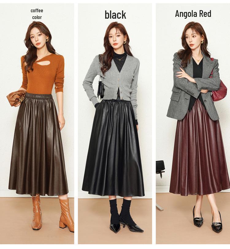 2025 Women's High-Waist Lambskin Leather Midi Skirt - Autumn/Winter Slimming A-Line Fashion