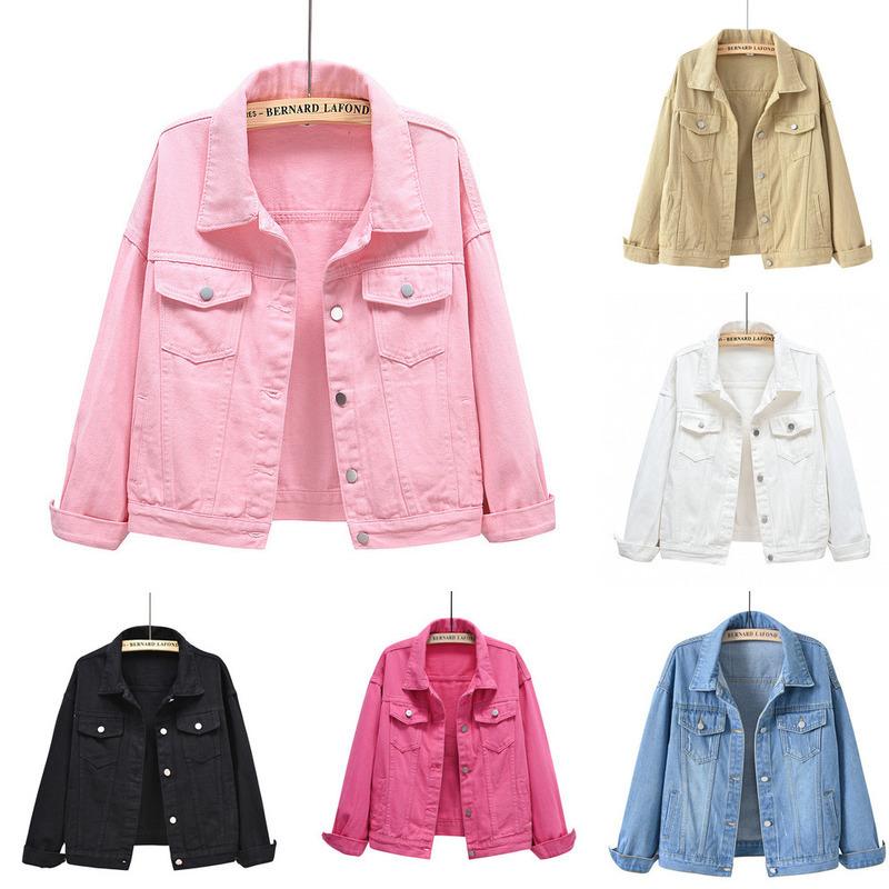 Plus Size Pink Denim Jacket Women's Spring Autumn Single-breasted Lapel Coat Green Black Red Blue Outerwear Female Jean Overcoat
