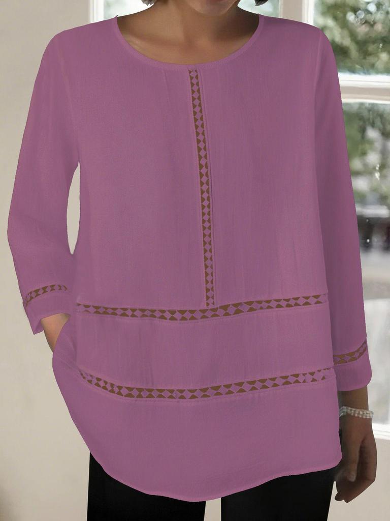 2025 Women's Semi-Transparent Solid Color Round Neck Hollow Long Sleeve Loose Cotton Shirt - Middle Eastern Style