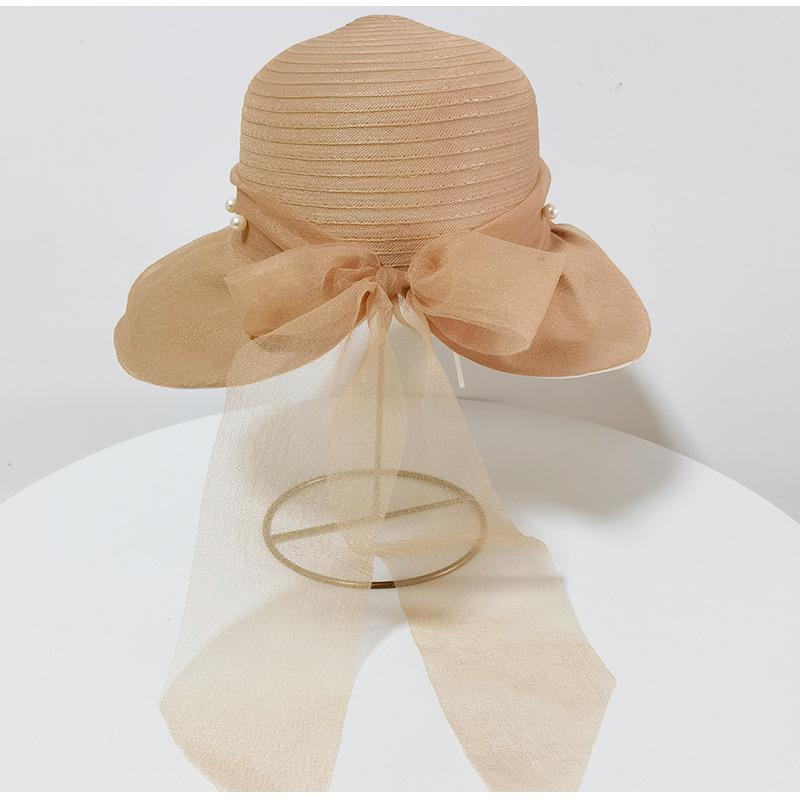 Big Brim Sun Hat Women's Summer New Pearl Mesh Temperament Color Glue Bucket Hat Women's UV Protection Sun Protection Hat