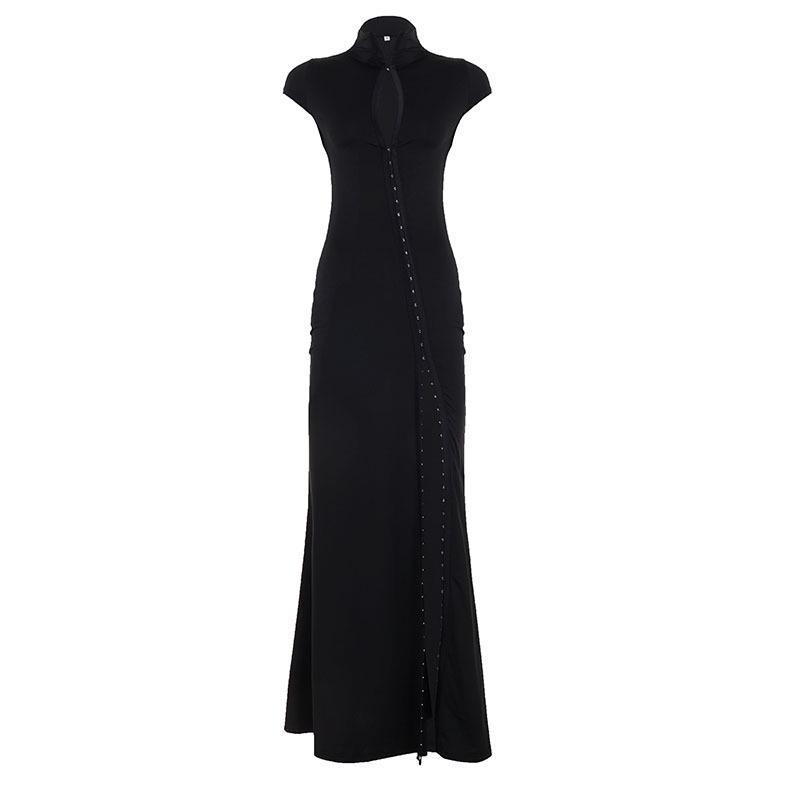 

European & American Sexy Hollow Stand Collar High Slit Short Sleeve Long Dress L