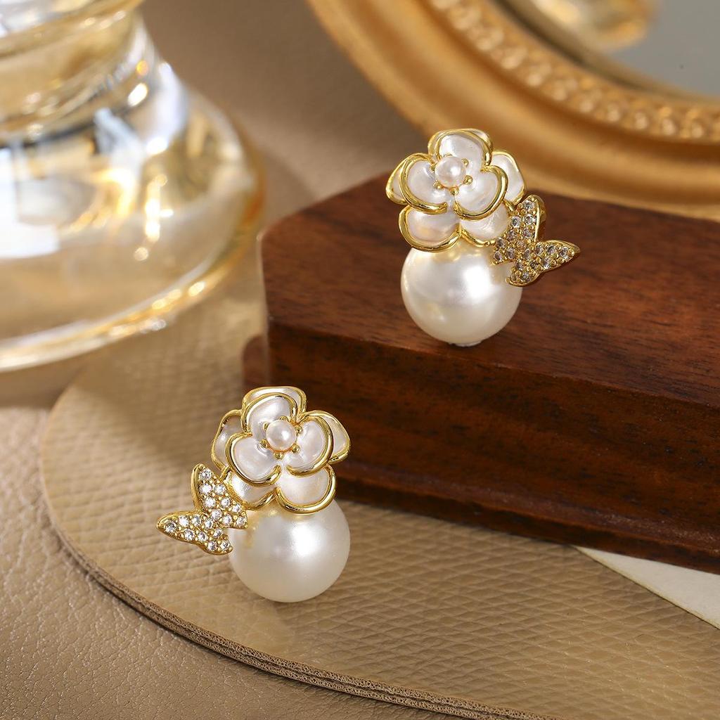 High-End French Enamel Camellia Butterfly Pearl Stud Earrings