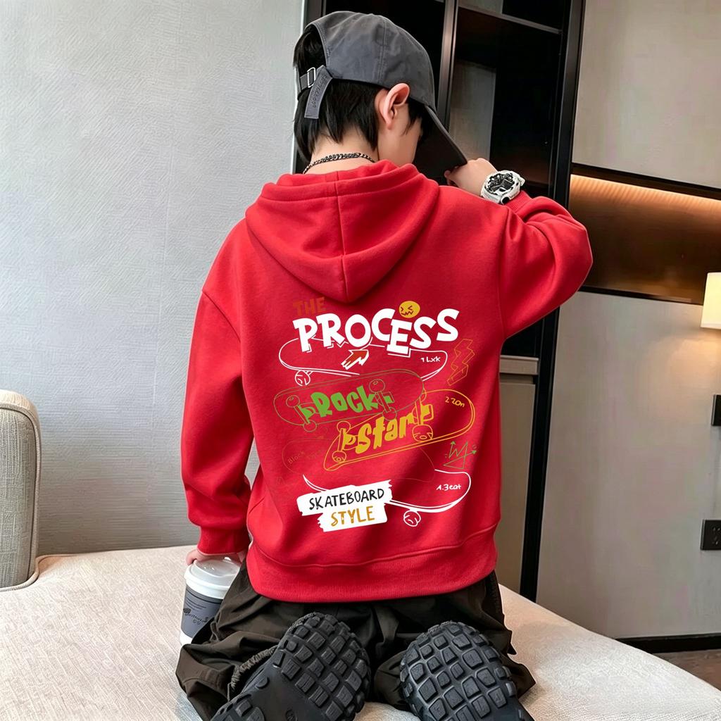 Kids Hooded Sweatshirt Autumn Winter, Skateboard Letter Print On Back, Unisex Pullover Hoodie Casual Warm To