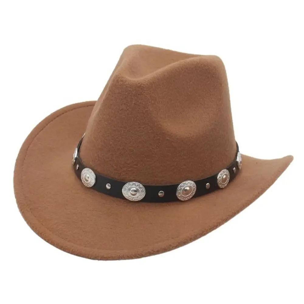 Women Men Western Cowboy Hats Felt Hat Fedora with Upturned Brim and Faux Silver Accents Wide Brim Fedoras Hat Ethnic Style