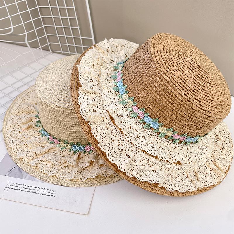 Lace Straw Hat Women's Summer Sweet Versatile Big Eaves Sunscreen Hat Outdoor Holiday Sun Hat
