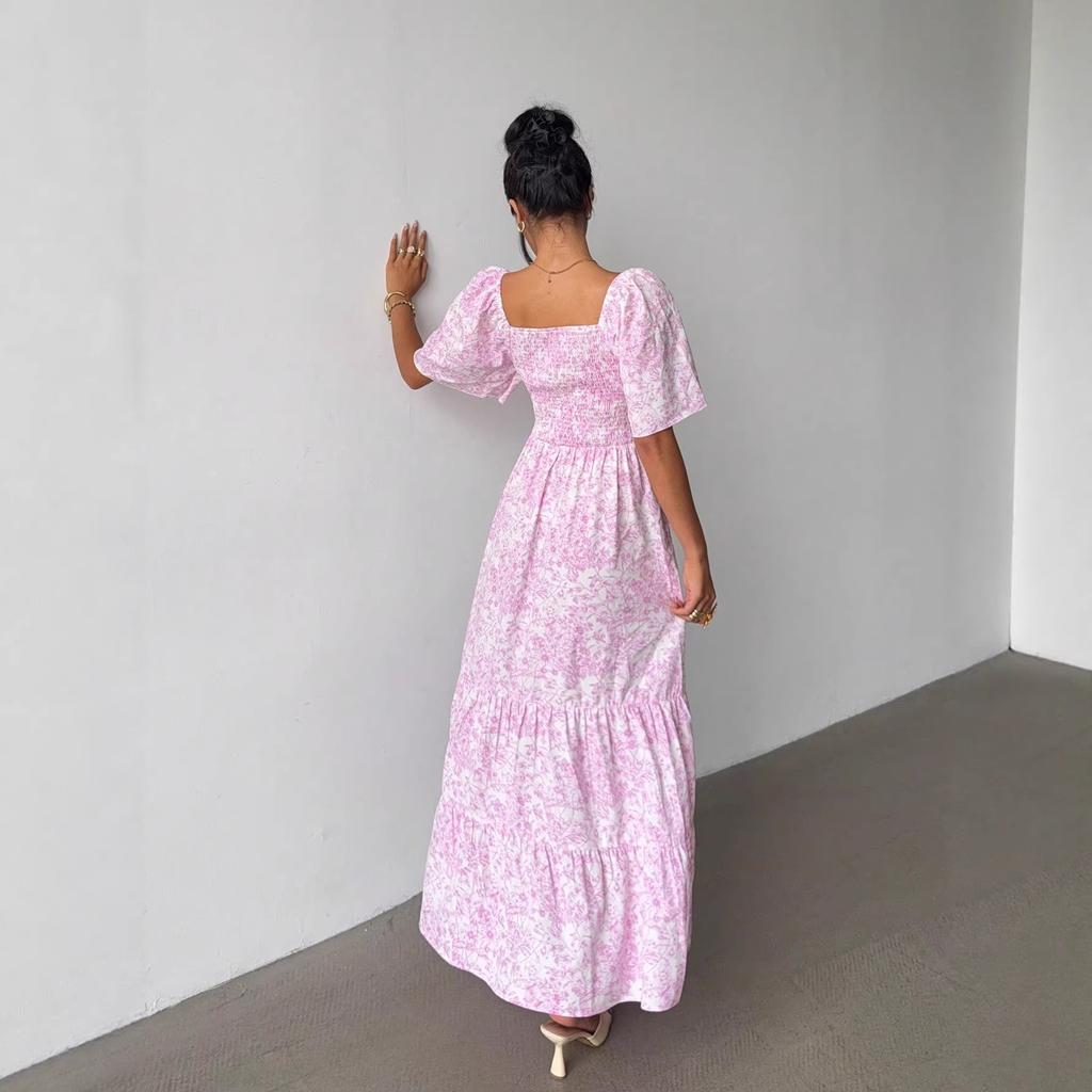 New Long Dress, Summer Idyllic Fashion Elegant Printed Long Square Neck Bubble Sleeve Dress