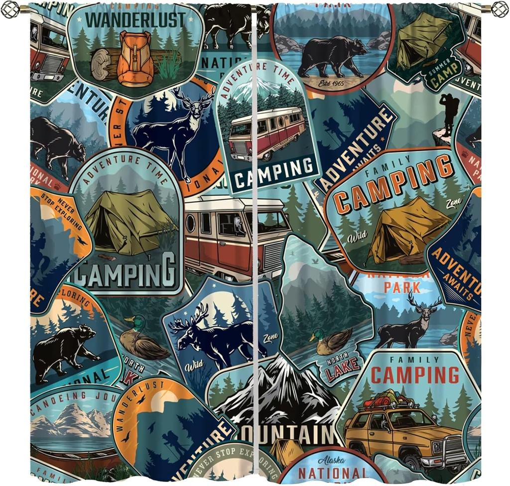 Retro Happy Camper Curta,Rustic Wood Plank Camping Travel Trailer Blackout Rod Pocket Window Curtain,For Boys Girls Living