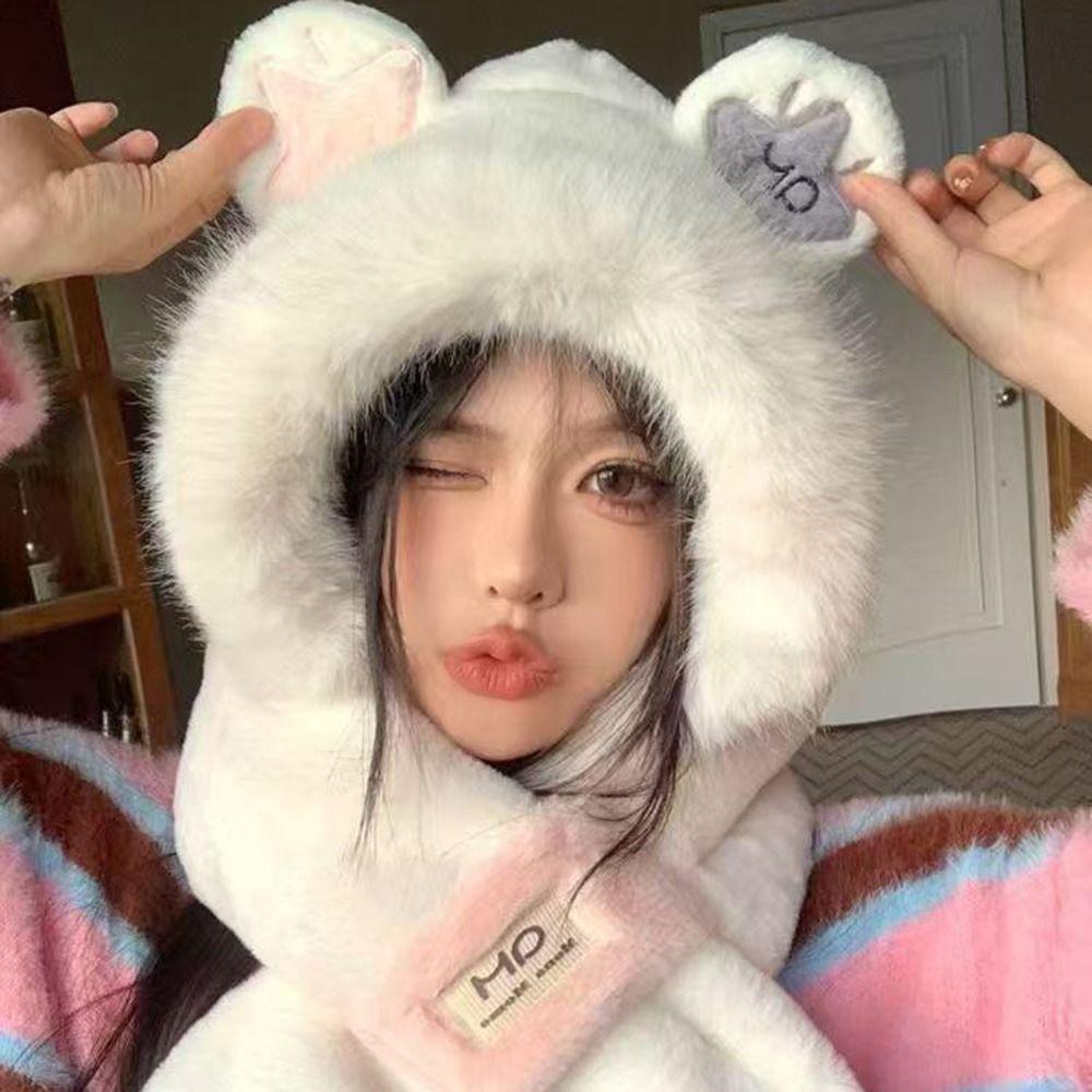 Windproof Integrated Cap Scarf Warm Neck Warmer Cute Ear Protection Cap  Outdoor