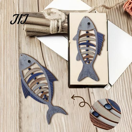 Ocean Theme Wood Art 2Pcs Mediterranean Style Wooden Fish Wall Hanging, Hollow Skeleton Summer Beach Party Decor Decor, Vintage Nautical Ornament for