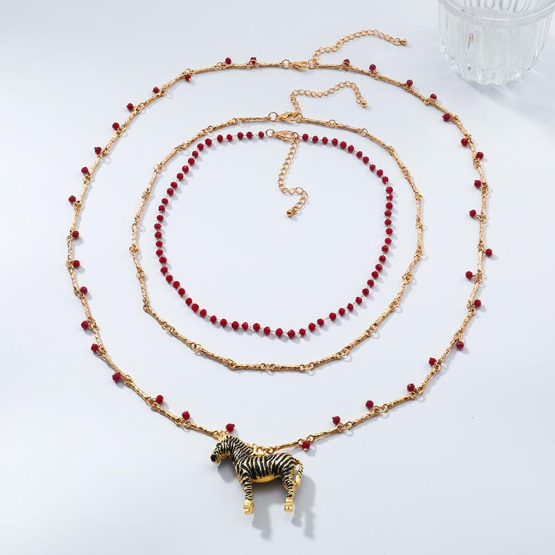 Women Jewelry Vintage Metal Zebra Pendant Layered Beaded Chain Link Necklaces Luxury Prom Party Accessories Gift