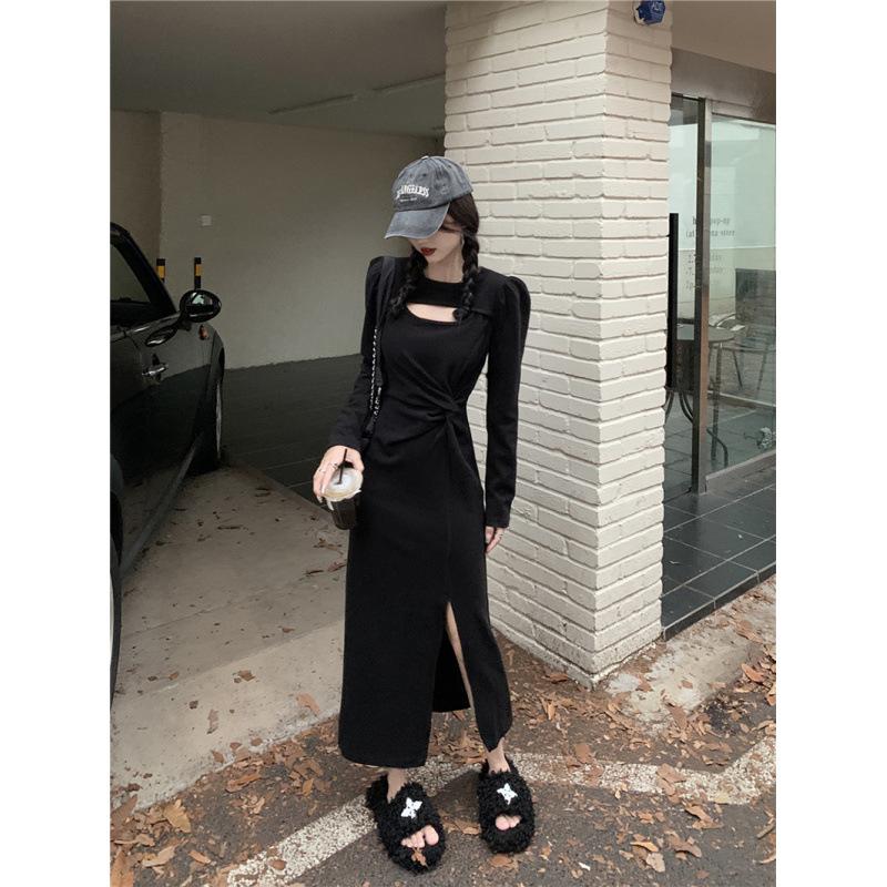 Black dress women's spring and autumn waist design temperament Muse Fan hollow pure split skirt