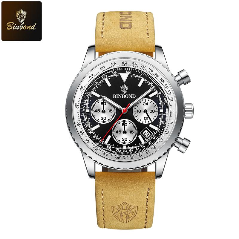 BINBOND Top Brand Man Quartz Watch Waterproof Luminous Date Chronograph Leather Wristwatch Military Sports Luxury Men's Watches