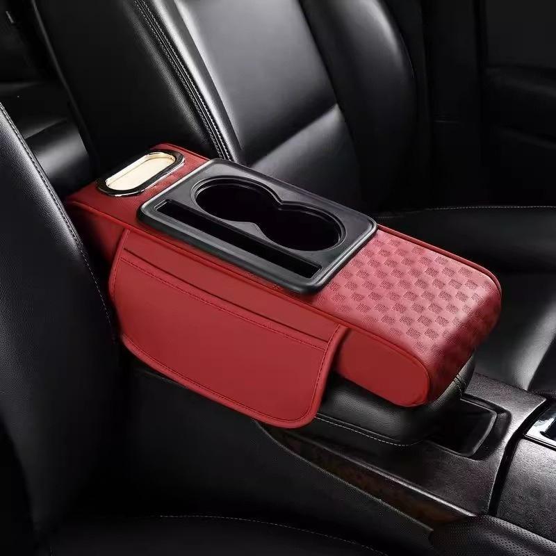 Car Center Console Height Increasing Armrest Cushion Armrest Tissue Leather Cup With Holder Universal Multifunctional красный