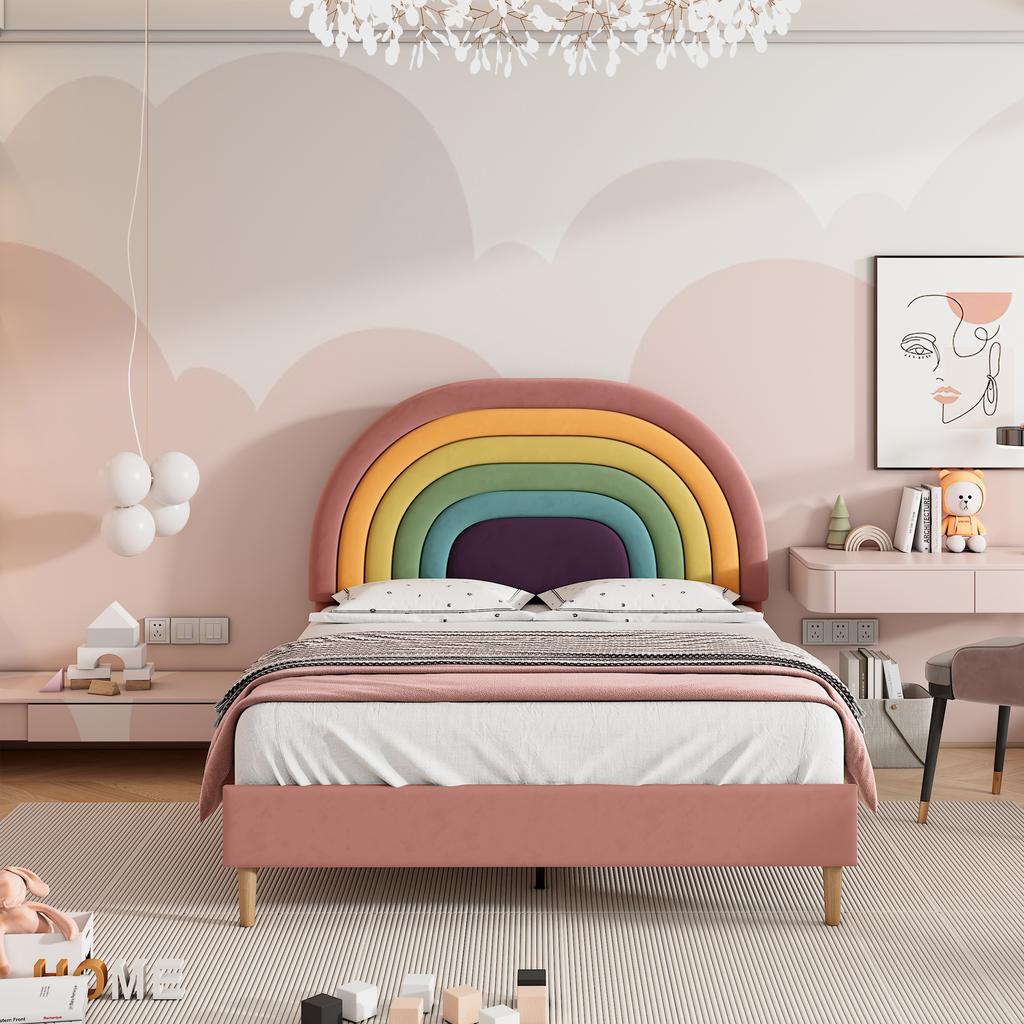 Letto imbottito 140*200, Rete a doghe, Letto per ragazzi, Adulti e adolescenti, Supporto a doghe in legno, Montaggio facile, Testiera regolabile in altezza, Velluto, Rosa