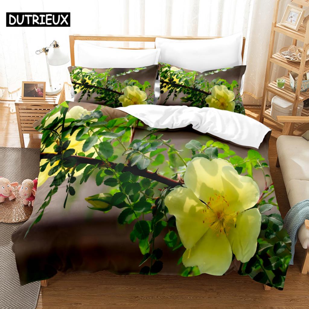 Green Rose Duvet Cover Flower Comforter Quilt Covers Queen Size Pillowcase Bedding Set 3PCS 2PCS for Single Double Bed Full Twin