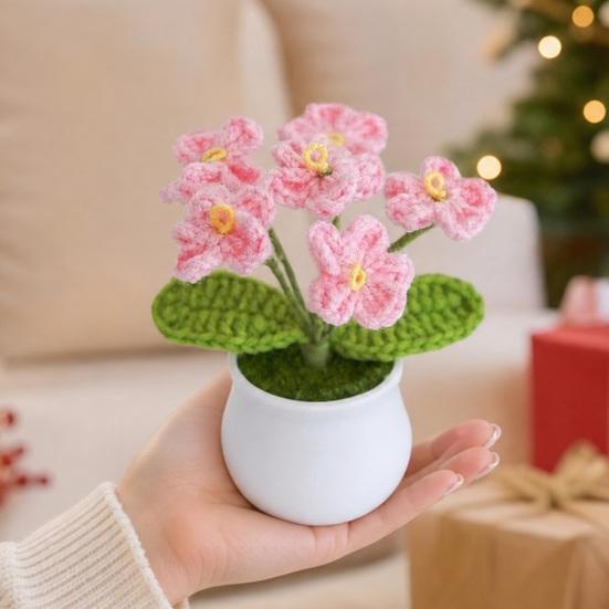 Handmade Crochet Flower with Pot, Small Cute Knitted Eternal Potted Forget Me Not Flower, Mini Artificial Flower for Desk Decor, Gifts for Women