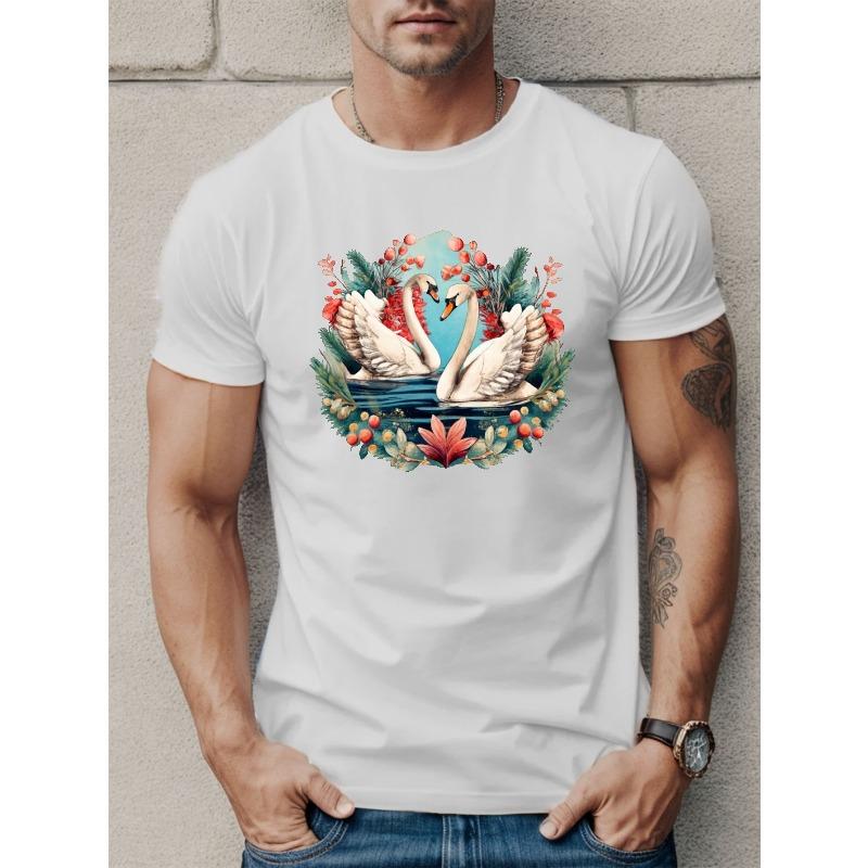 European sizes Swans Print T Shirt, Tees For Men, Casual Short Sleeve T-shirt For Summer