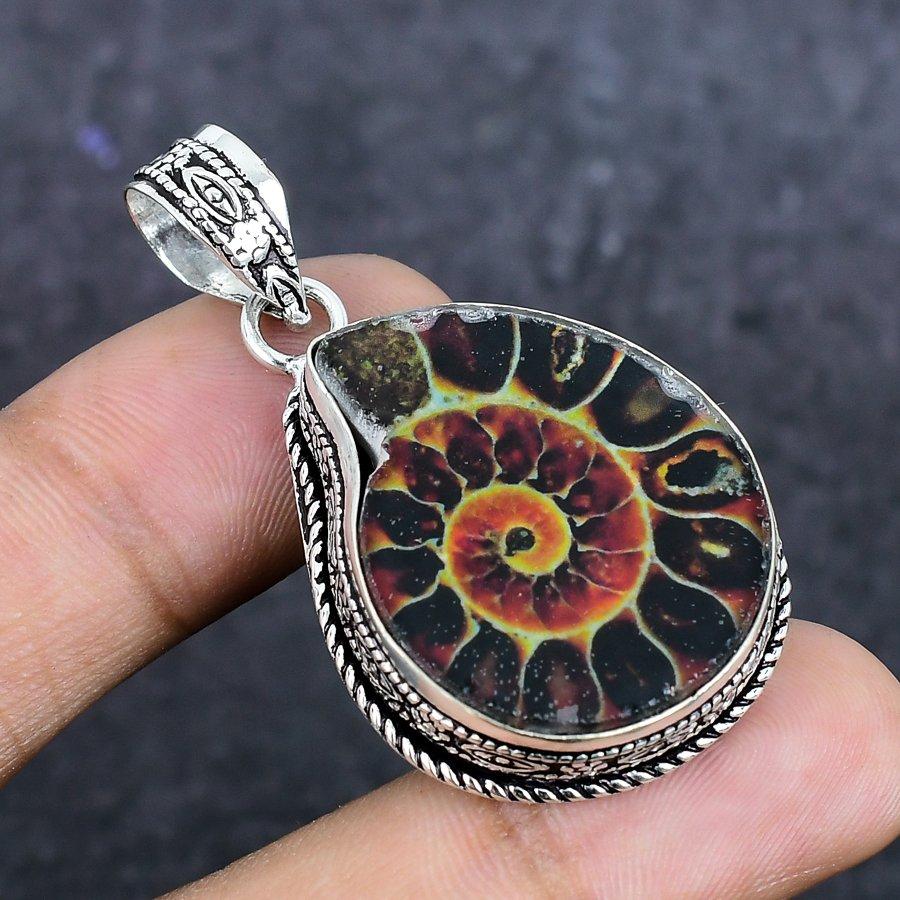 Natural Ammonite Fossil Gemstone 925 Sterling Silver Jewelry Pendant 1.97" ETC-13949