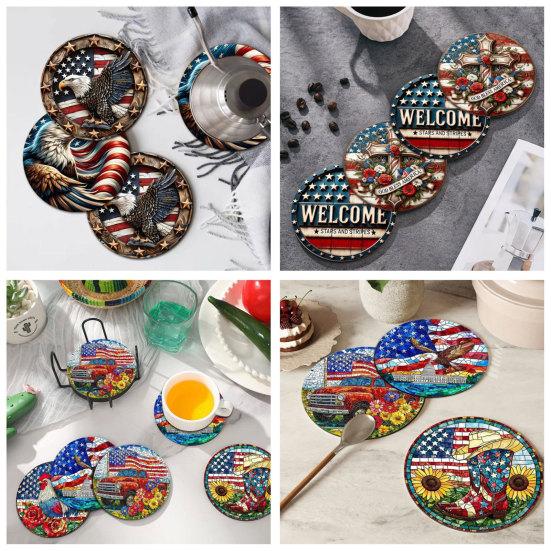 Patriotic Wooden Coasters, Vintage American Theme Coasters with Heat Resistant & Non-Slip Design, 10cm Round Universal Size for Holiday Decor